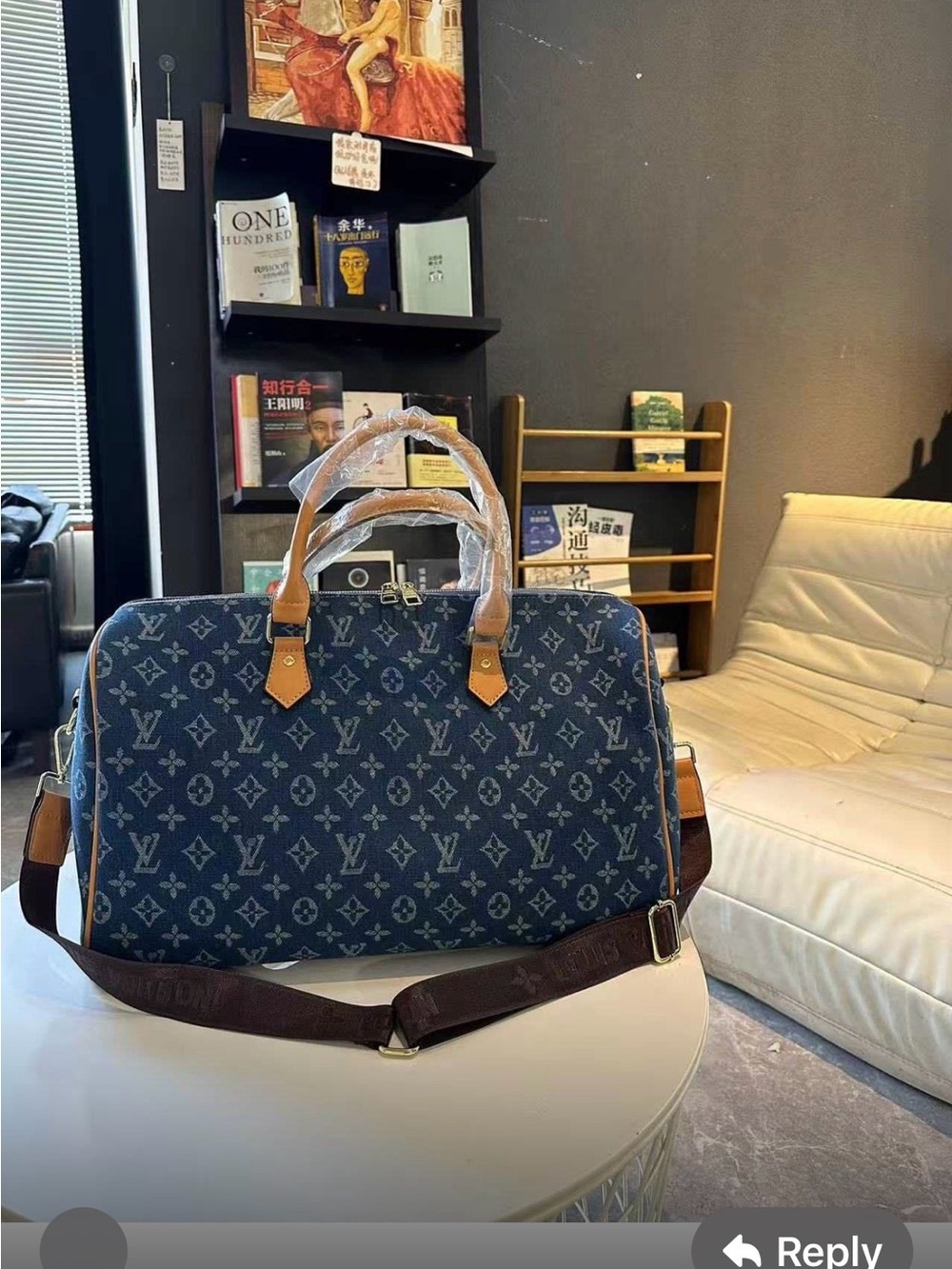 Designer inspired Luxury Monogram Canvas Travel Bag in Blue with Tan Trim